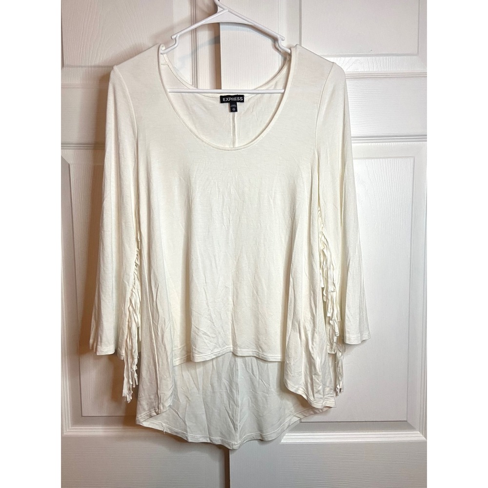 Express Ivory Fringe High Low Long Sleeve Top Scoop Neck Blouse XS